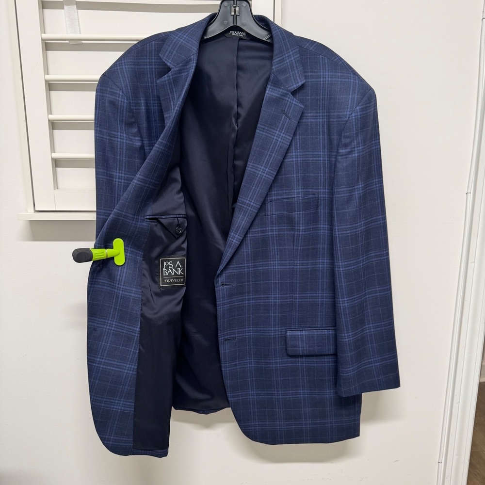 Jos. A. Bank Traveler Mens 48R Blue Plaid 100% Wool 2-Button Blazer Sport Coat